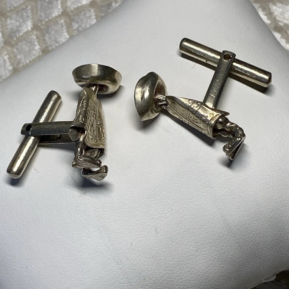 Vintage Mexican Sterling Silver Figural Cufflinks Aztec Pre-Columbian Style1950